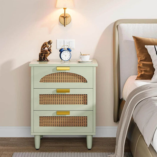 Mint Green Nightstand, 3-Drawer Rattan - Loft&Timber