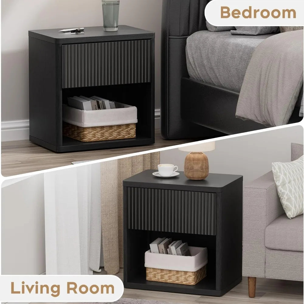 22.8" W Black Nightstand Set of 2 with Hidden Drawers and Open Shelves, Mid Century Modern Nightstand Curved Profile, Lar