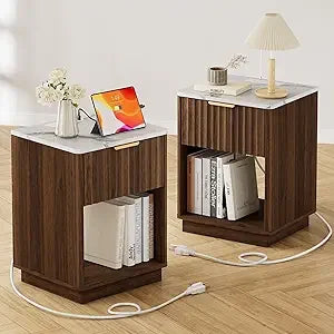 Fluted Nightstand Set of 2 with Charging Station, 18" Bedside Table End Table with Drawer & Open Shelf, Mid Century Modern Night