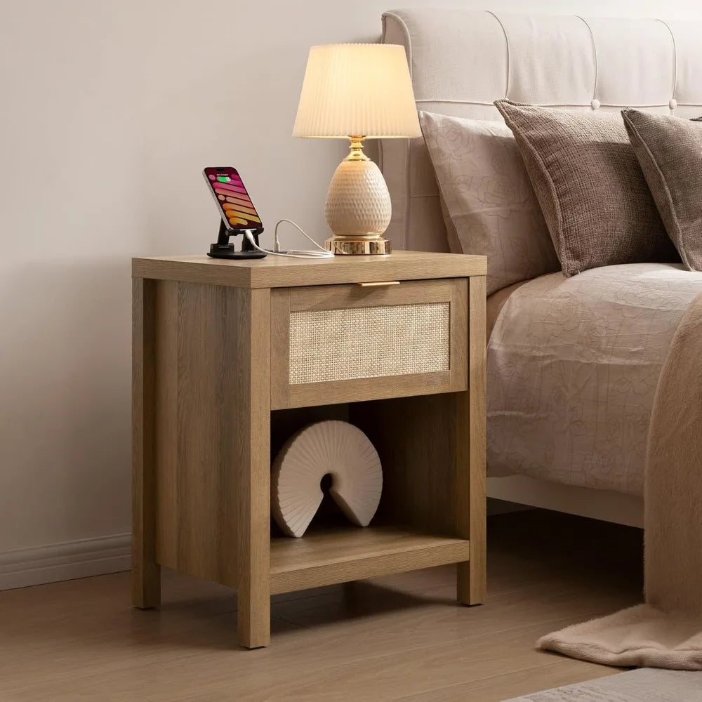 Rattan Nightstands Set of 2 - Farmhouse Night Stand with Drawer and Storage Shelf - Boho Bedside Table End Side Table