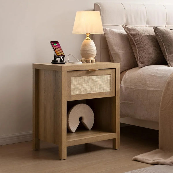 Rattan Nightstands Set of 2 - Farmhouse Style