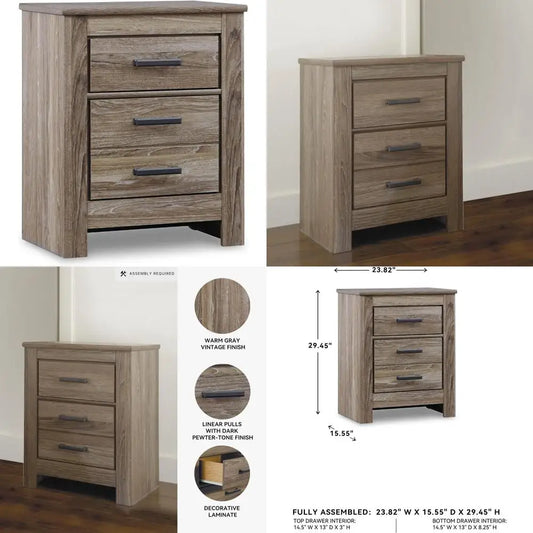 Ashley Zelen signature rustic modern two-drawer nightstand, 29.45" height, warm gray finish