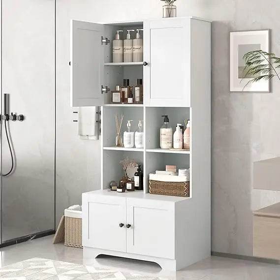 Elegant Bathroom Floor Storage Cabinet, Bathroom Storage Unit, Freestanding Cabinet with 4 Doors (White) - Loft&Timber