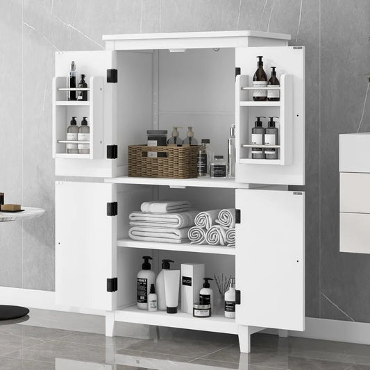 Elegant Bathroom Floor Storage Cabinet, Bathroom Storage Unit, Freestanding Cabinet with 4 Doors (White)