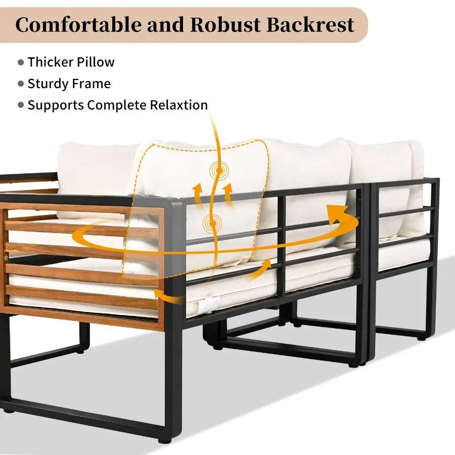 GO 4 Pieces Outdoor Patio Set Metal and Wood Frame Sectional with Soft Cushions & Coffee Table - Loft&Timber