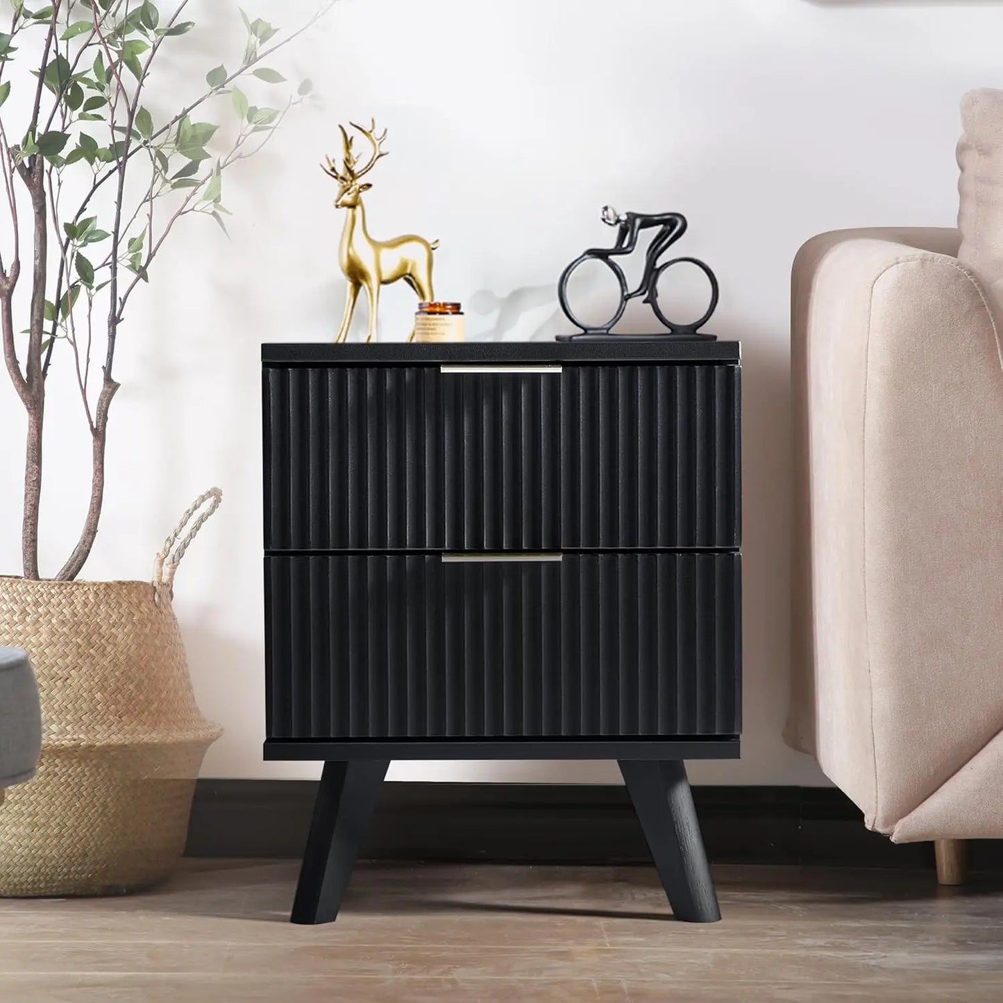 Fluted Nightstands, Mid Century Modern Drawer Dresser for Bedroom, Small Night Stand Side Table End Table with Wood D