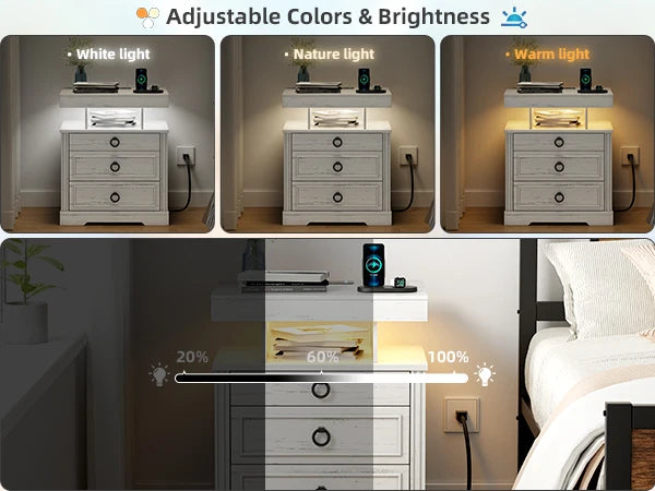 JDPAG Farmhouse Nightstand with Lockable Gun Drawer,3 Color Dimmable LED End Table with Charging Station,Bedside Table with Huma