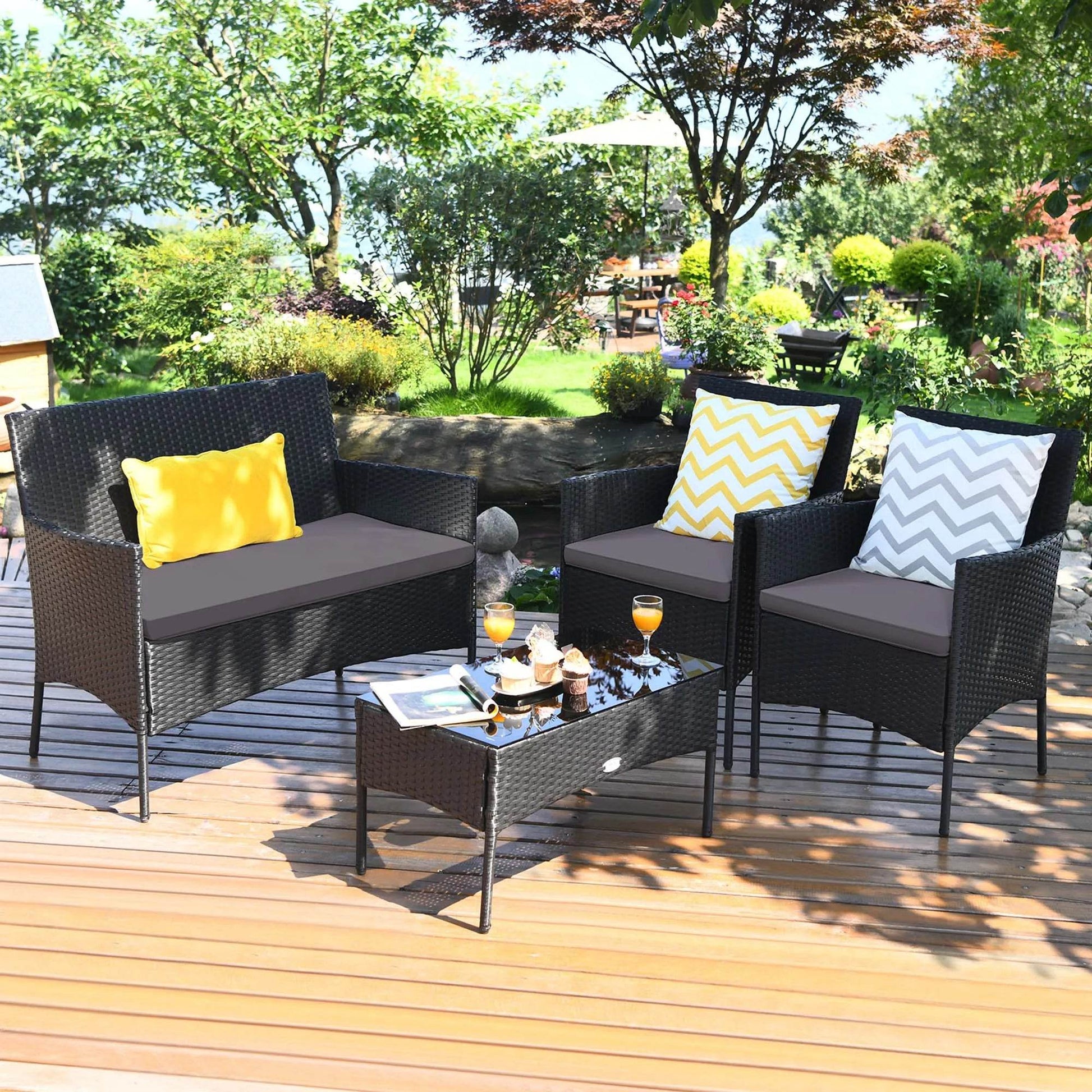 4PCS Patio Rattan Furniture Set Cushioned Sofa Coffee Table Backyard Grey - Loft&Timber