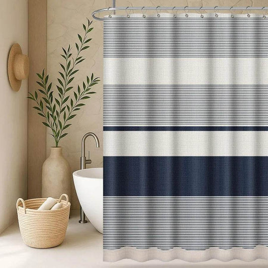 Boho Farmhouse Navy Blue Stripe Tassel Shower Curtain Set 72 x 72 Inches Bohemian Style - Loft&Timber