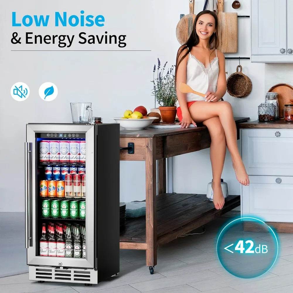 15 Inch Beverage Refrigerator Under Counter - 126 Cans Beverage Fridge with Glass Door for Beer Wine Soda - Built-in