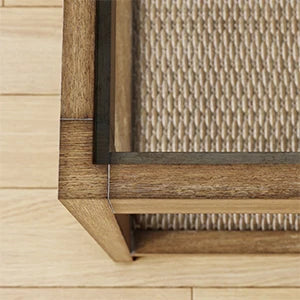 (UUX)Hayes Solid Nightstand, Bedside, End or Side Table in Light Brown Wood Finish & Glass Top with Open Storage Shelf, UQ