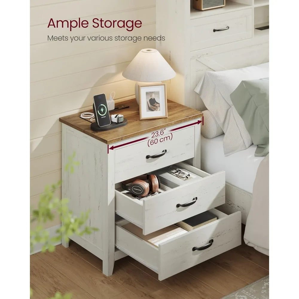 Charging Station Farmhouse Nightstand - 3 Drawer Bedside Table for Bedroom