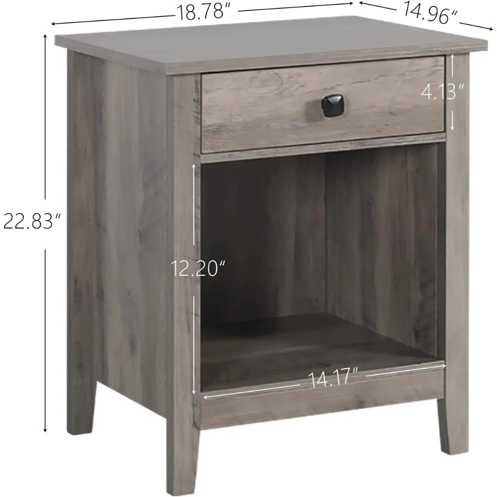 Nightstands - Set of 2 Wooden Night Stands, Bedside Tables, with Drawers, Farmhouse Style Bedroom Furniture (Grey Wood Grain, 1
