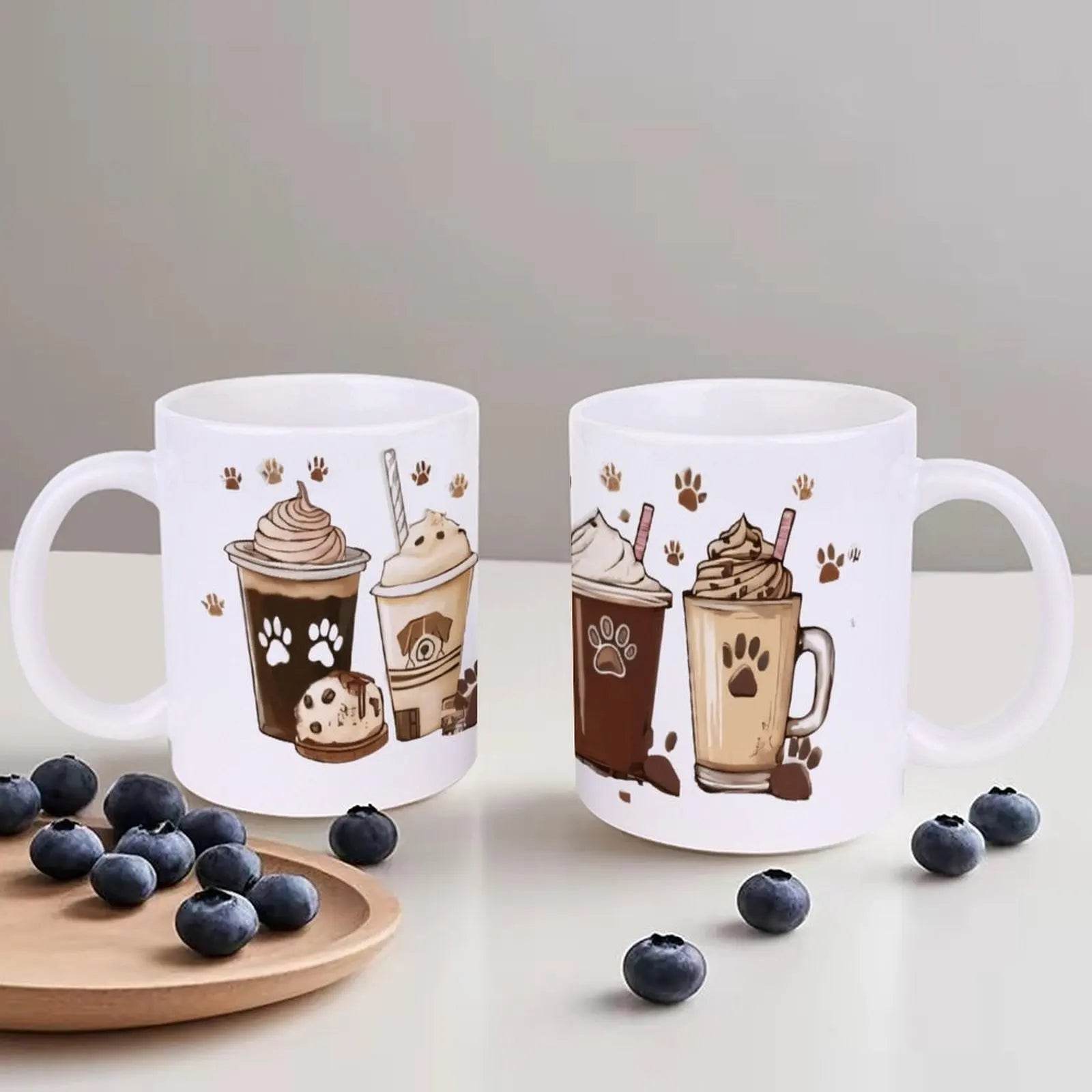 Four Coffee Cups With Paw Prints And Ice Cream. Coffee Cups, 330ml White Ceramic Sublimation Cups - Loft&Timber