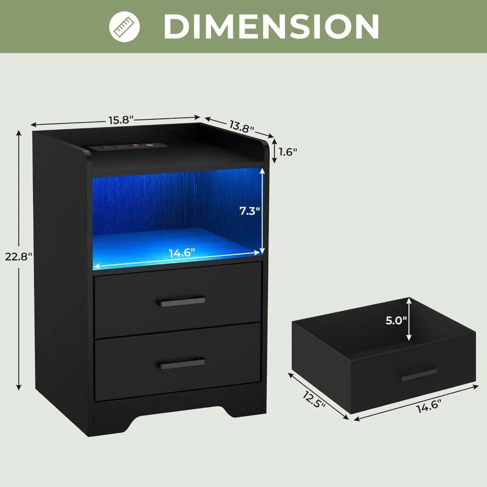 Night Stand Set of 2 with LED Lights and Charging Station, Modern Bedside End Table with 2 Fabric Storage Drawers, Black