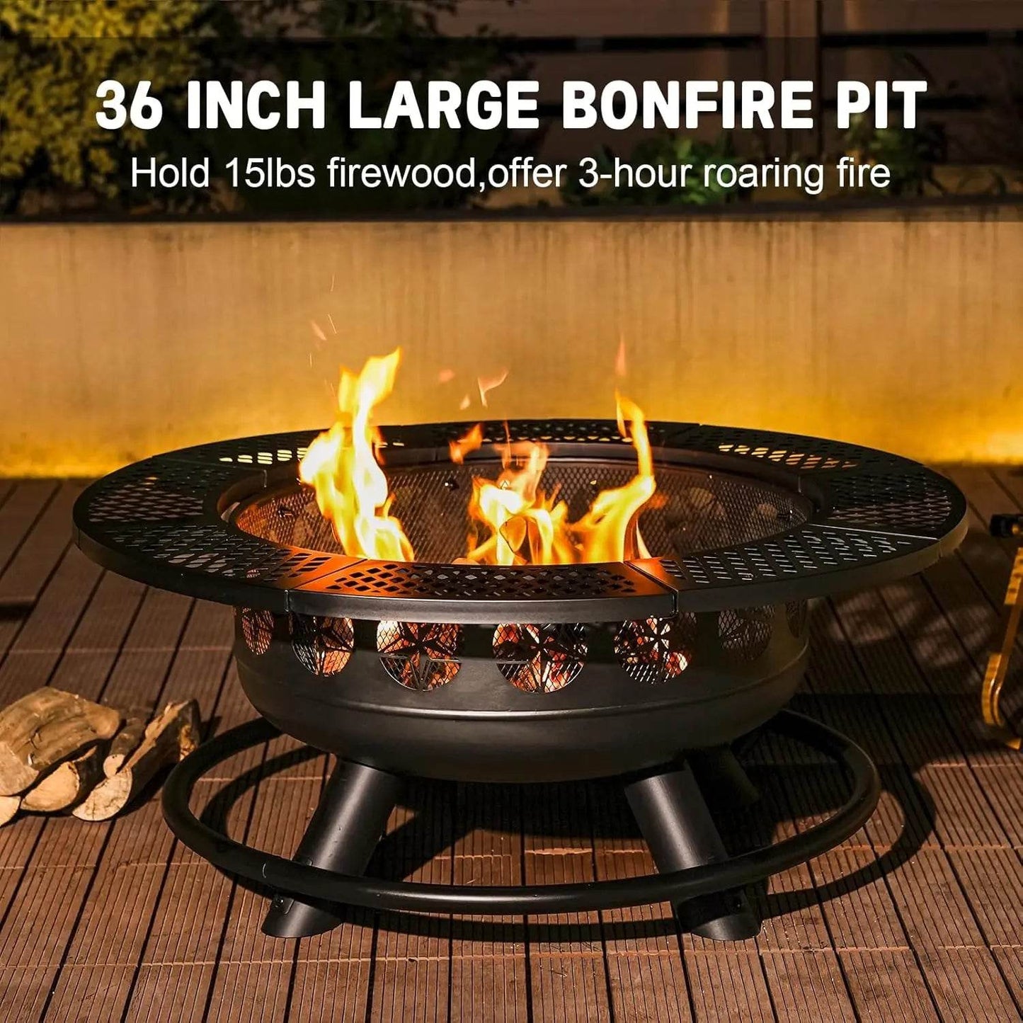 36 Inch Fire Pit with 2 Cooking Grills,Outdoor Wood Burning BBQ Firepit with Lid, 3-in-1 Outdoor Fire Pit - Loft&Timber