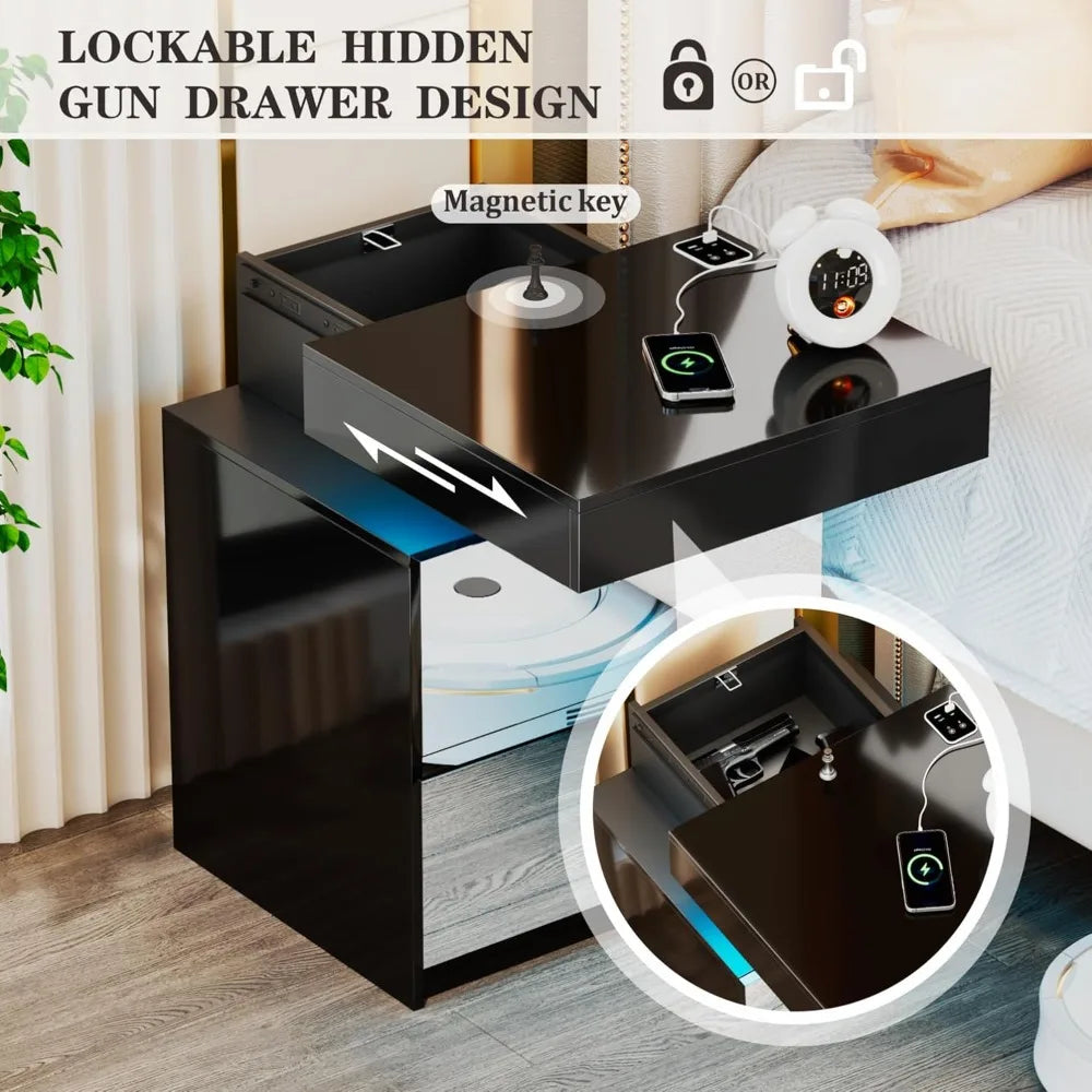 LED Nightstand Set of 2 - Bedside Table with Charging Station and 2 Mirrored Drawers Sliding Top with Magnetic Lock - Modern