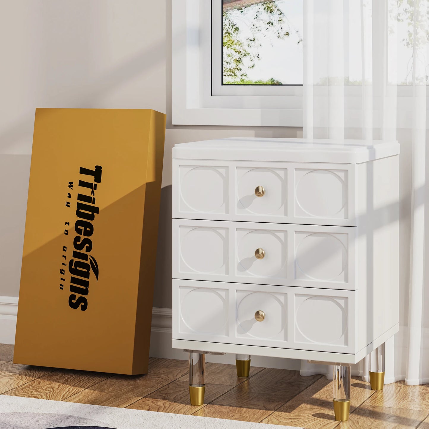 Tribesigns 3-Drawer Nightstand Tall White and Gold Bedside Table with Drawers, Versatile Modern White Night Stand with Storage