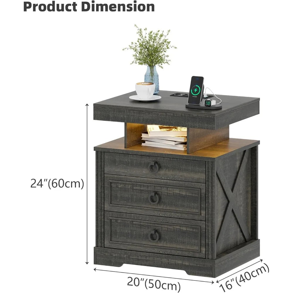 Nightstand with Gun Drawer, LED Bedside Table with Charging Station, Modern Night Stand with Human Sensor Design, Smart E