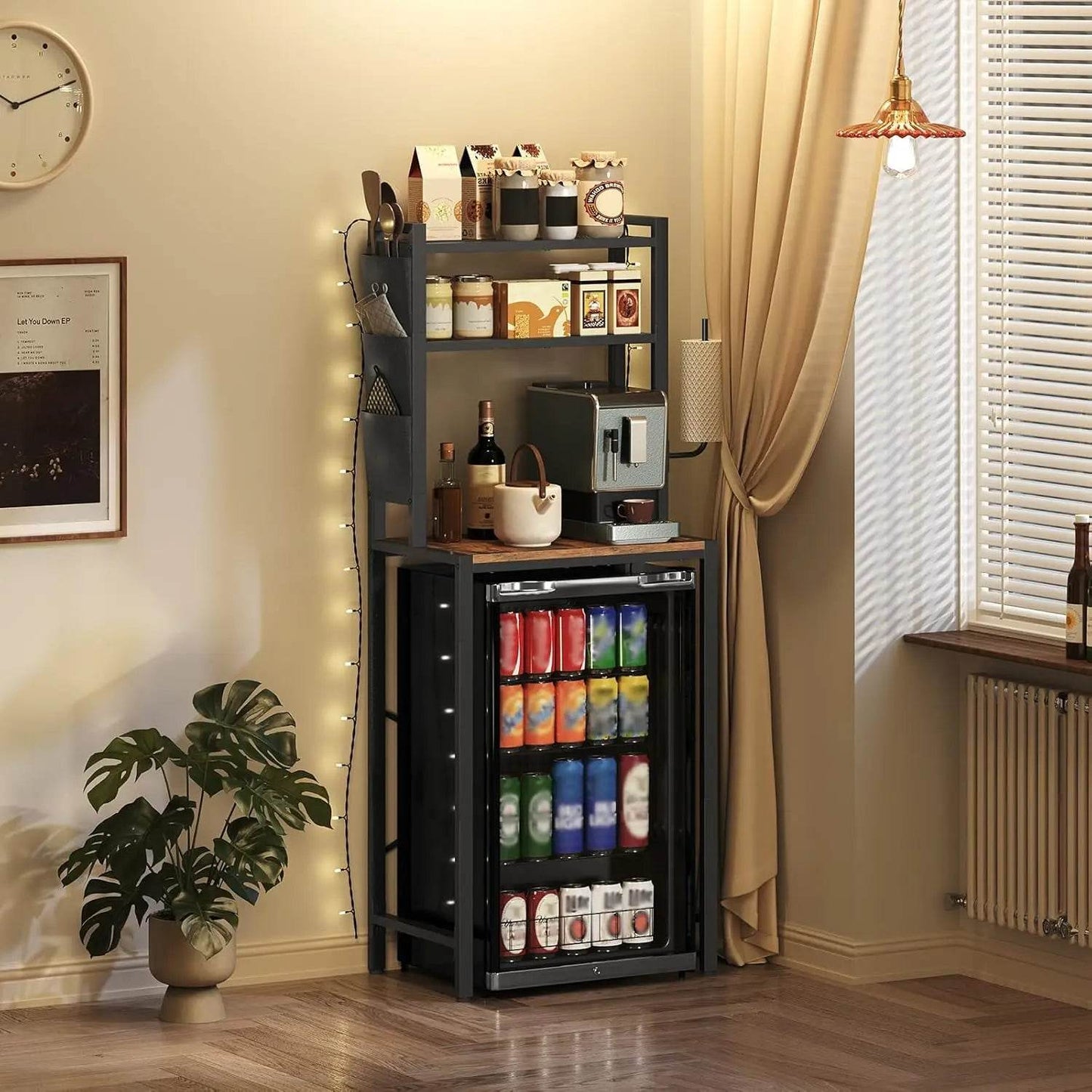 Bakers Rack with Mini Fridge Shelf, 3-Tier Microwave Stand, Coffee Bar Station with Paper Holder