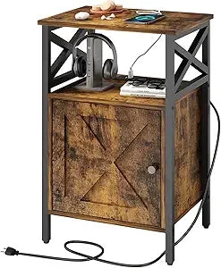End Table Set of 2 with Charging Station, Side Table with Power Outlet & USB Ports, Nightstand with 2 Tiers Storage Space and St
