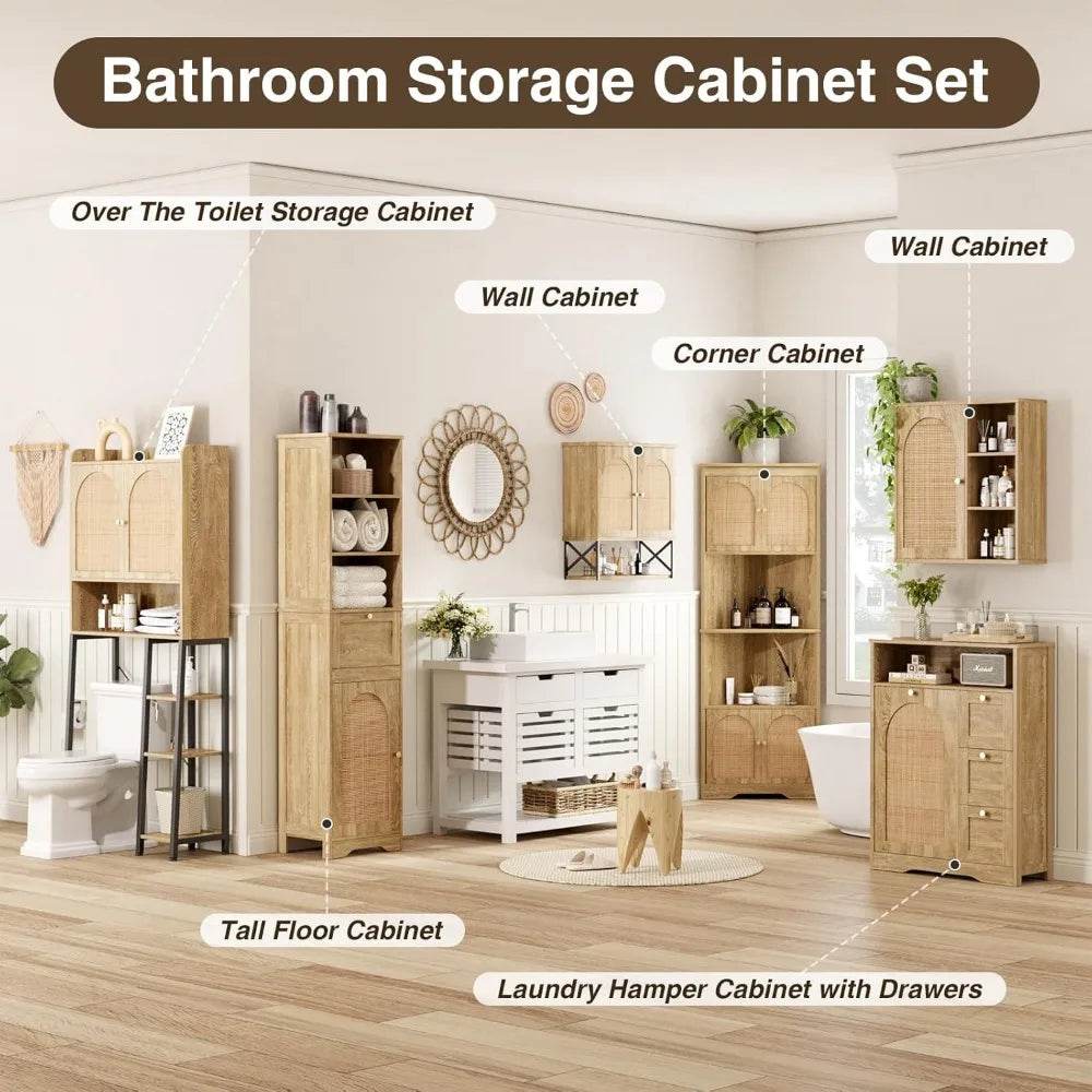 adjustable shelf rattan toilet storage cabinet with ample space and bathroom organizer - Loft&Timber