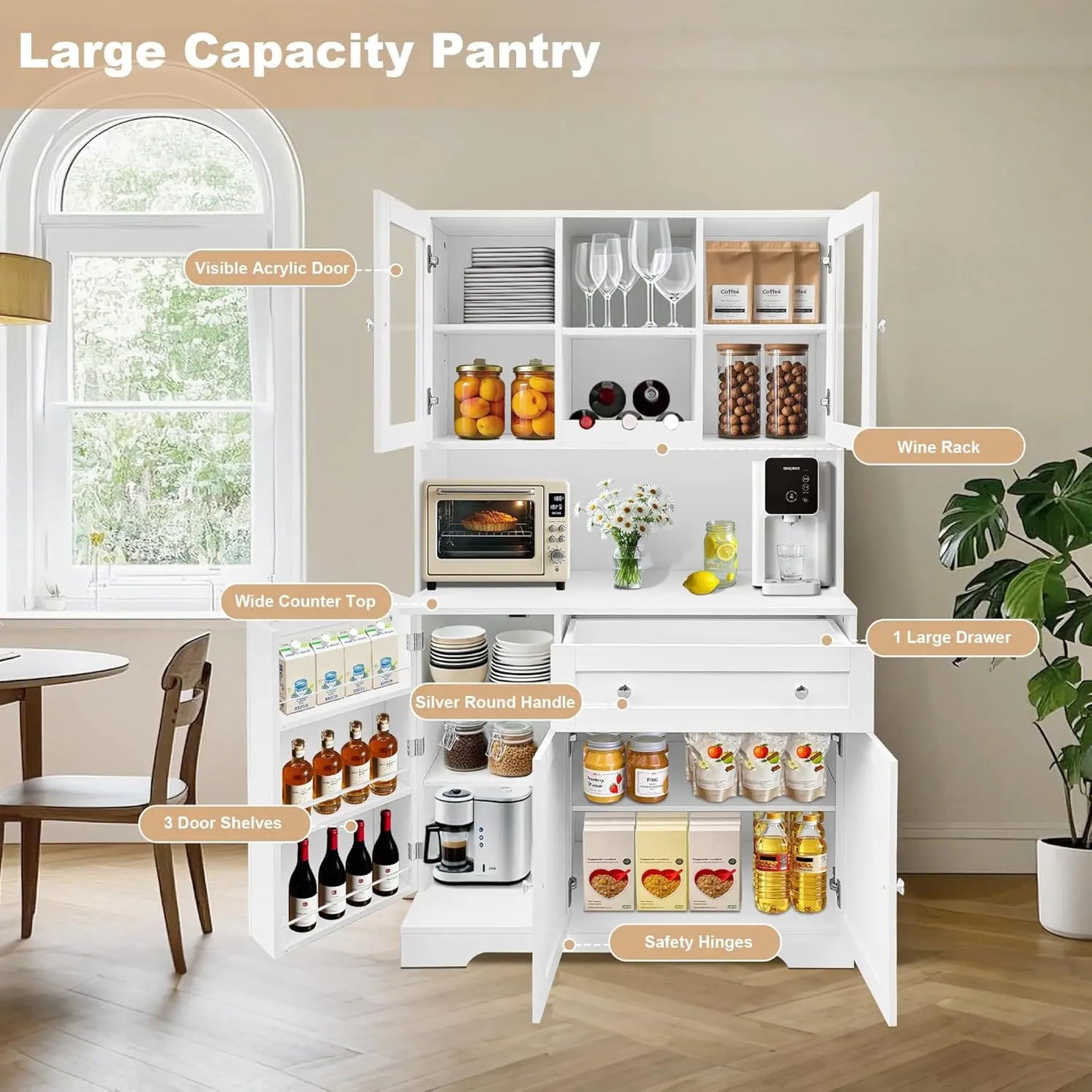 48" High Kitchen Pantry Storage Cabinet with Glass Doors and Shelves - Loft&Timber