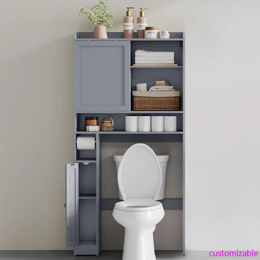 Over The Toilet Storage Shelf, Bathroom Storage Cabinet with Sliding Door, Adjustable Shelves, Toilet Paper Holder, Space-Saving