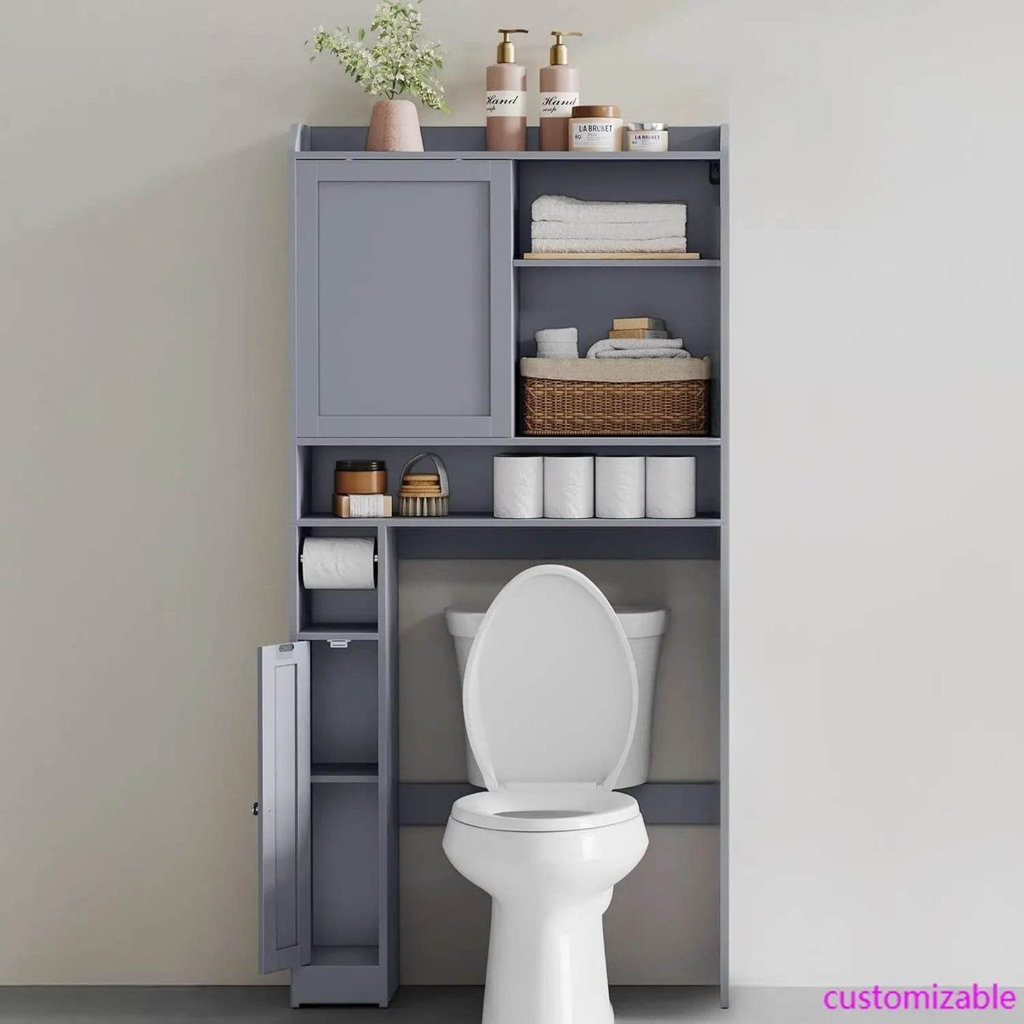 Over The Toilet Storage Shelf, Bathroom Storage Cabinet with Sliding Door, Adjustable Shelves, Toilet Paper Holder, Space-Saving - Loft&Timber