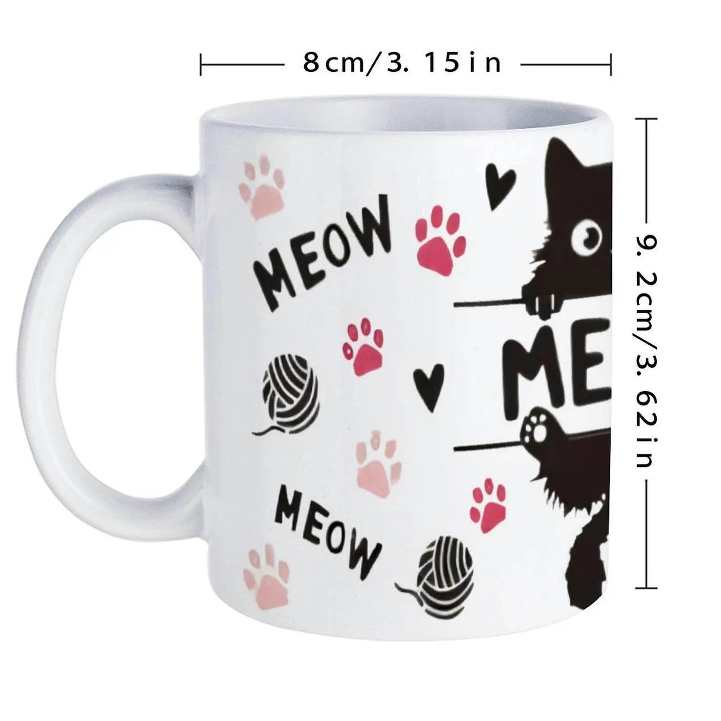 A Black Cat Sitting On Top Of A Bar With Paw Prints And The Word Meow Cup, 11oz Ceramic Cup - Loft&Timber