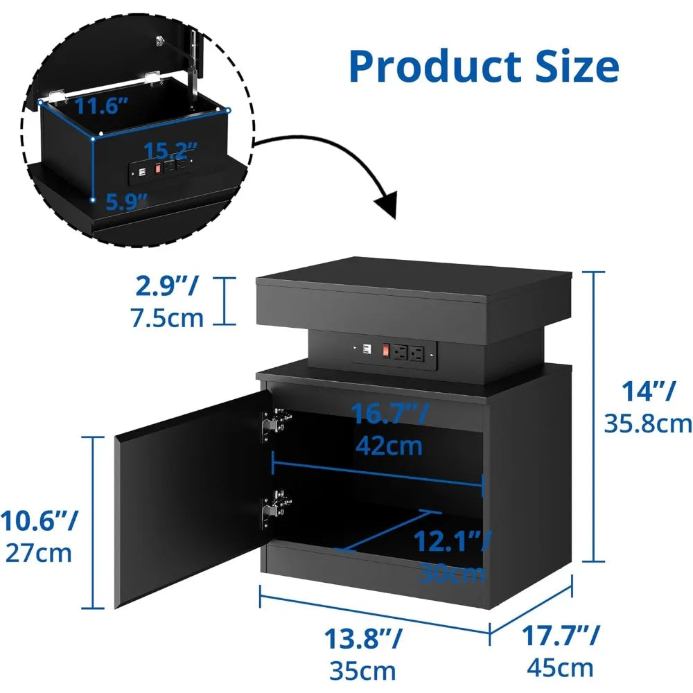 contemporary black nightstand with charging port and flip-top design for bedrooms