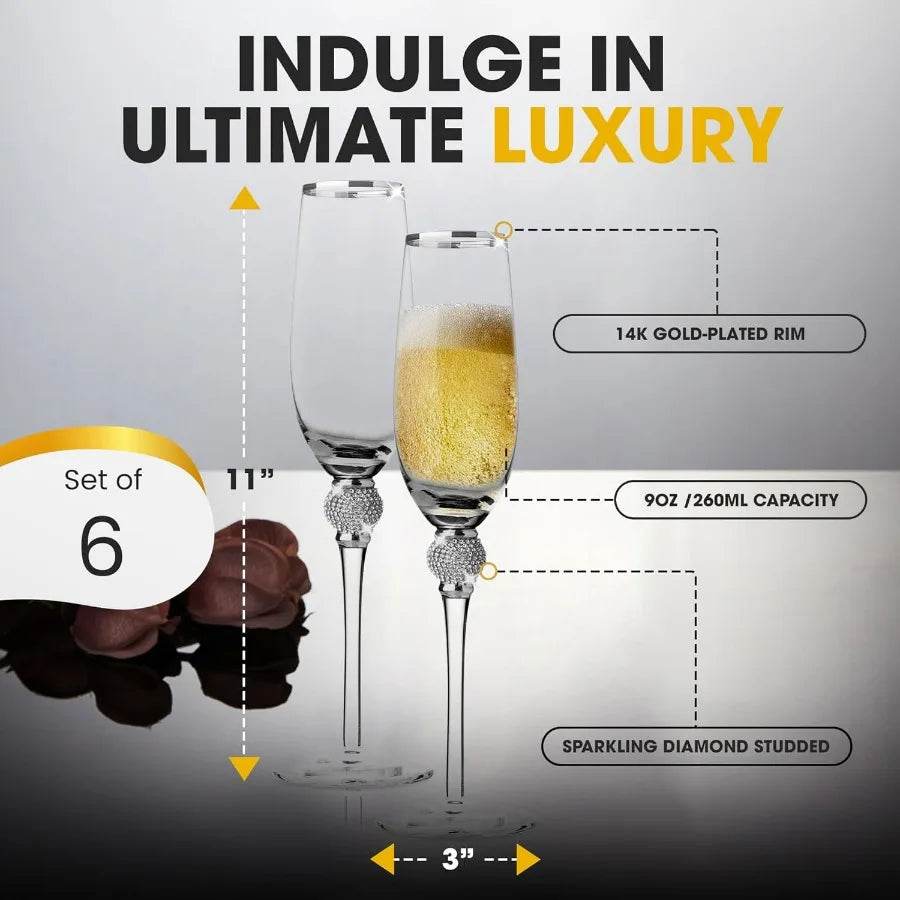 Elegant Crystal Champagne Flutes with Silver Rim and Sparkling Rhinestone Accents - Loft&Timber
