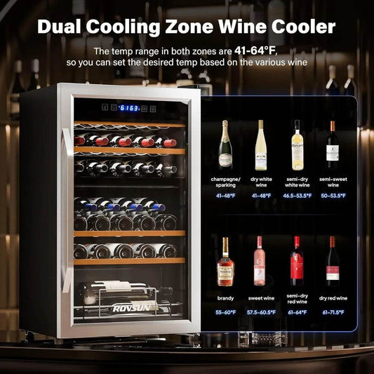 33 Bottle Wine Fridge, Dual Zone Wine and Beverage Refrigerator with Independent Temp & LED Control Panel - Loft&Timber