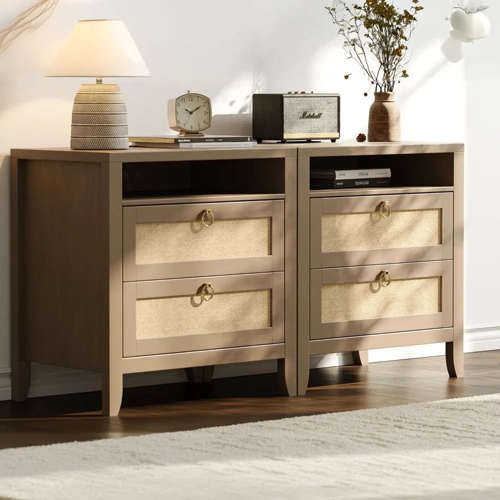23.6" Rattan Night Stand Set of 2, Boho Nightstands with Charging Station, 2 Drawers and Strage Shelf, Large Night Stand
