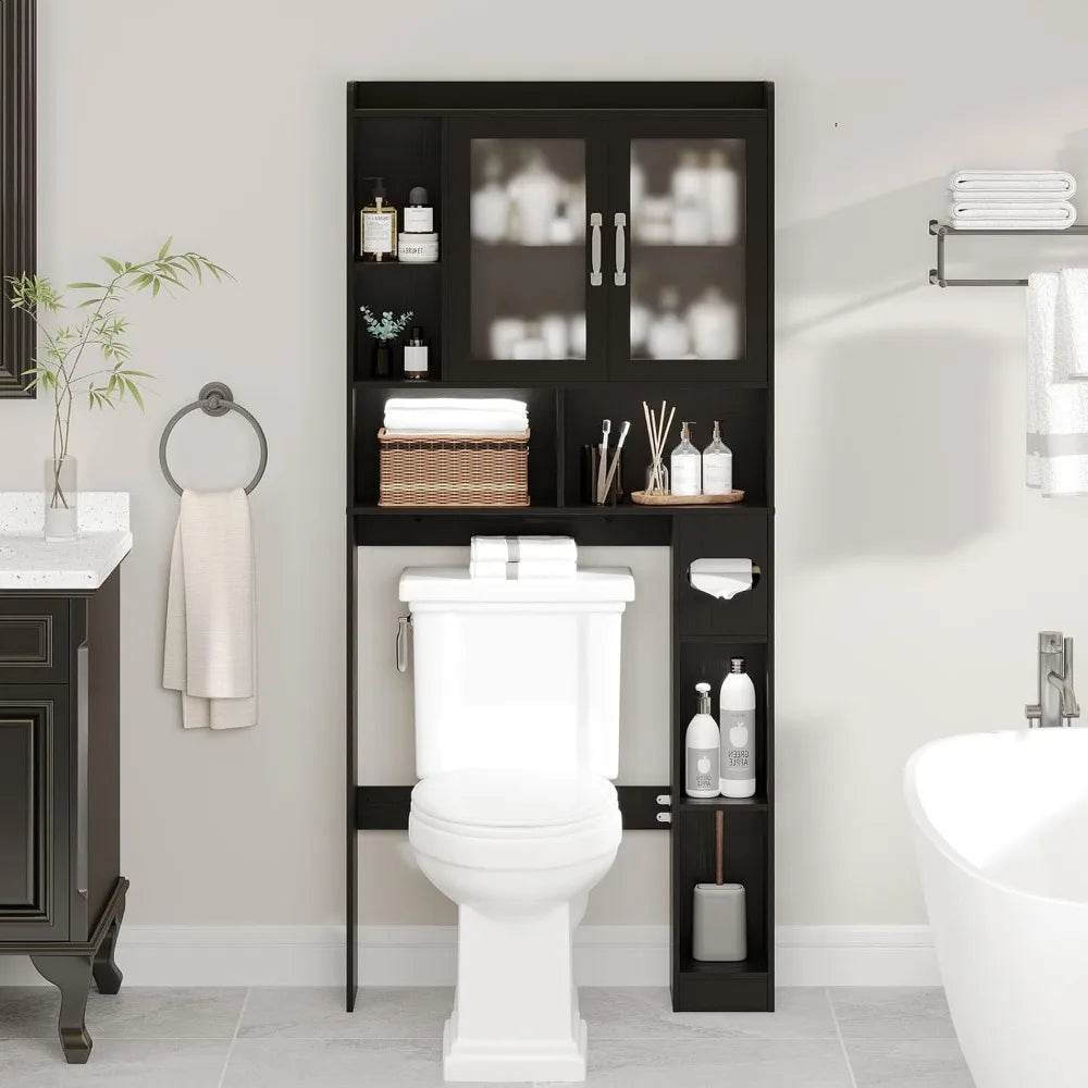 Freestanding toilet-top storage cabinet with adjustable shelves and anti-tip feature, arched design - Loft&Timber