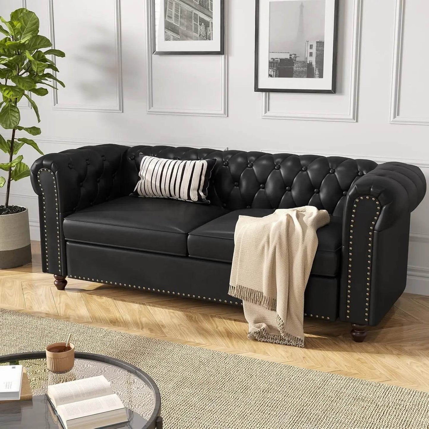 Chesterfield Faux Leather Sofa Couch with Wooden Legs - Loft&Timber