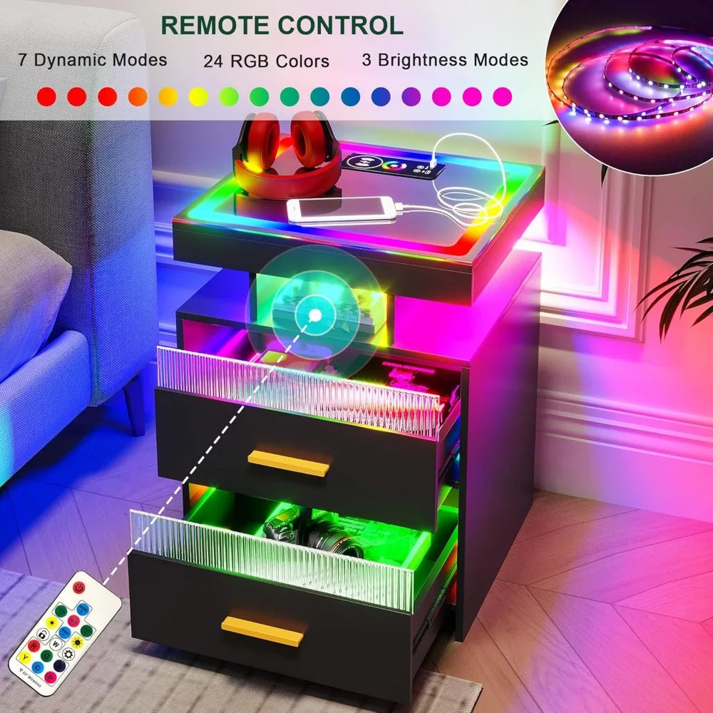 RGB LED Night Stand with Wireless Charging Station, Modern Bedside Table with Human Body Sensor Light, Smart Nightstand with Gl