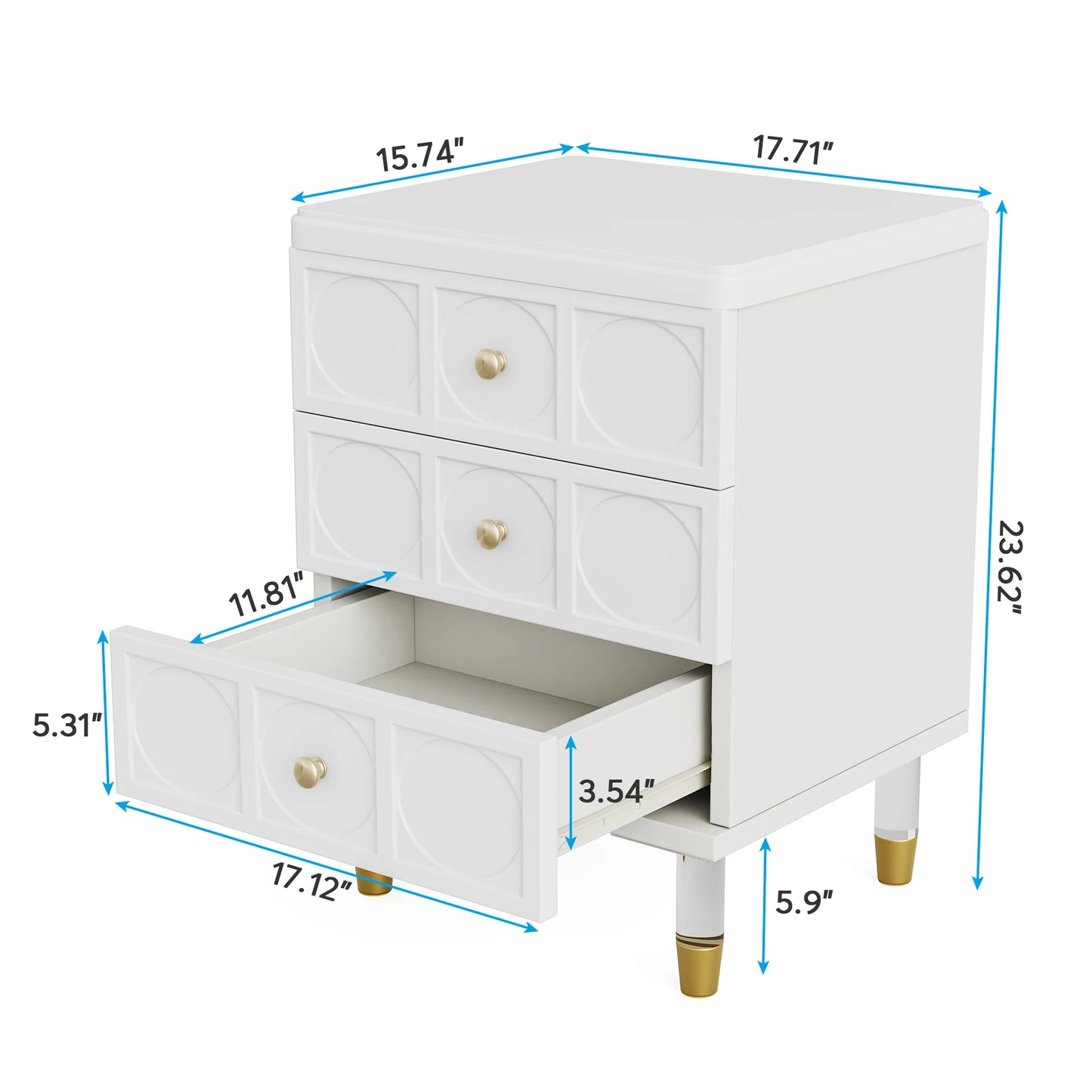 Tribesigns 3-Drawer Nightstand Tall White and Gold Bedside Table with Drawers, Versatile Modern White Night Stand with Storage