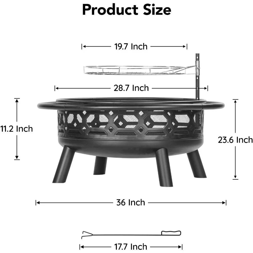 Outdoor Wood Burning Firepit with Removable Grill & Poker, Heavy Duty Metal Round Fireplace,2 in 1 Large Round Fireplace - Loft&Timber