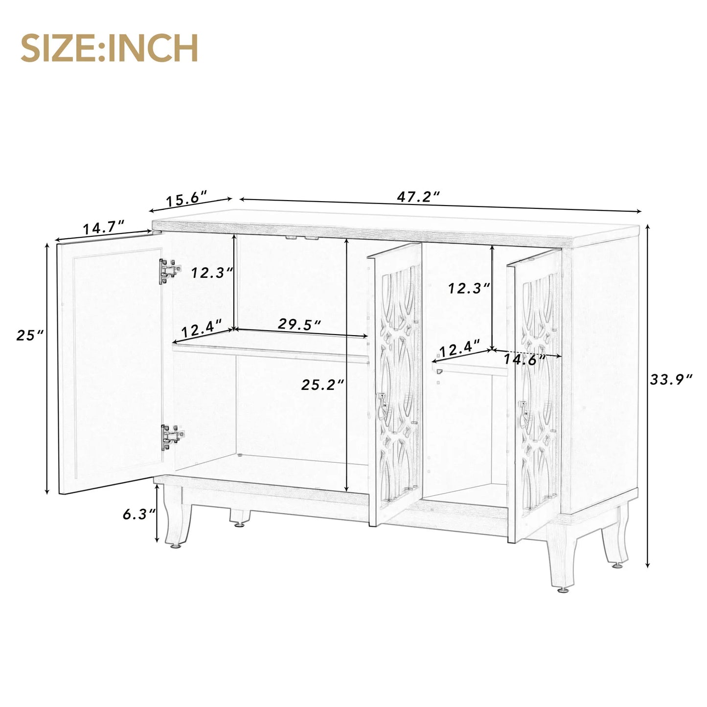 47" Sideboard with 3 Glass Doors - Loft&Timber