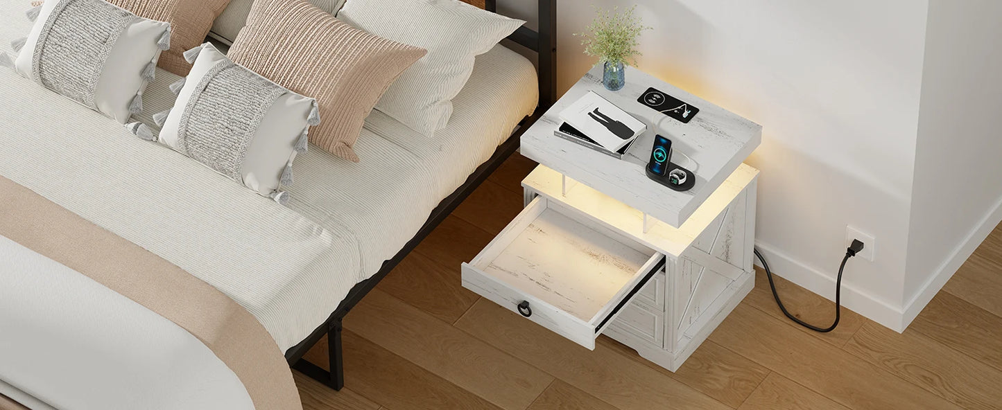 JDPAG Farmhouse Nightstand with Lockable Gun Drawer,3 Color Dimmable LED End Table with Charging Station,Bedside Table with Huma