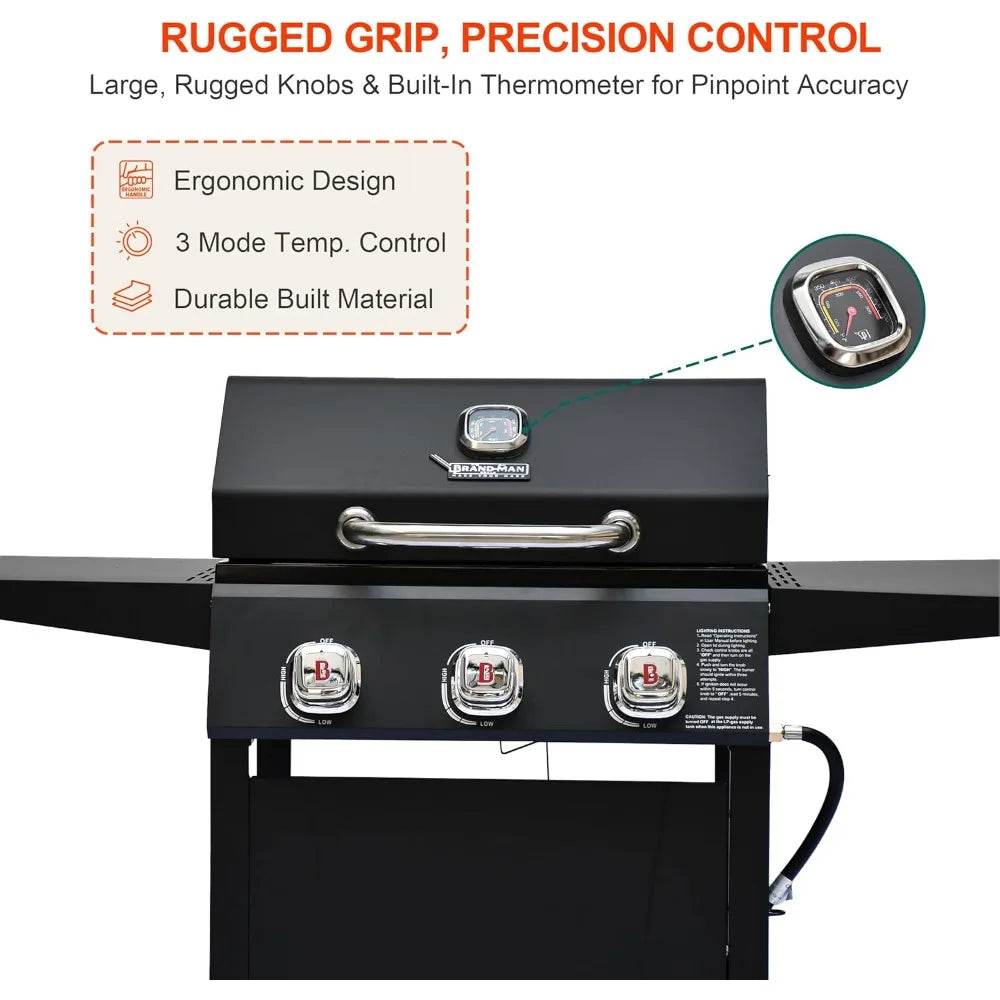Brand-Man 3-Burner Propane Gas Grill, 27,000 BTU BBQ Grill with Porcelain-Enameled Grates, Built-In Thermometer, Side Shelves, H - Loft&Timber