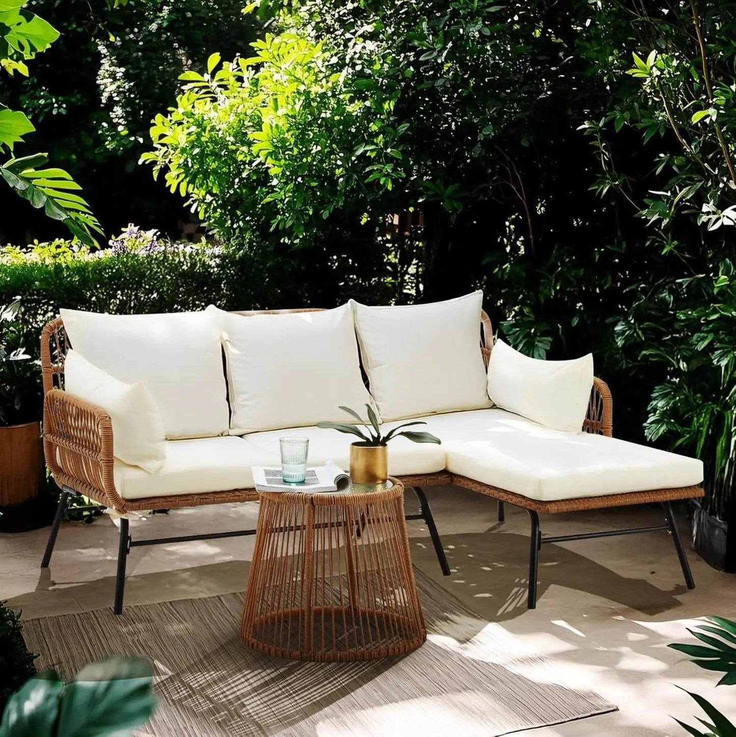 3-Piece Outdoor Patio Furniture Set, L-Shaped Rattan Sectional Sofa with Thick Cushions - Loft&Timber