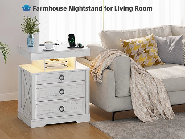 JDPAG Farmhouse Nightstand with Lockable Gun Drawer,3 Color Dimmable LED End Table with Charging Station,Bedside Table with Huma