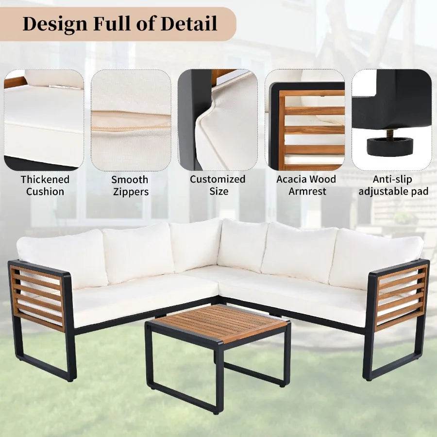 GO 4 Pieces Outdoor Patio Set Metal and Wood Frame Sectional with Soft Cushions & Coffee Table - Loft&Timber