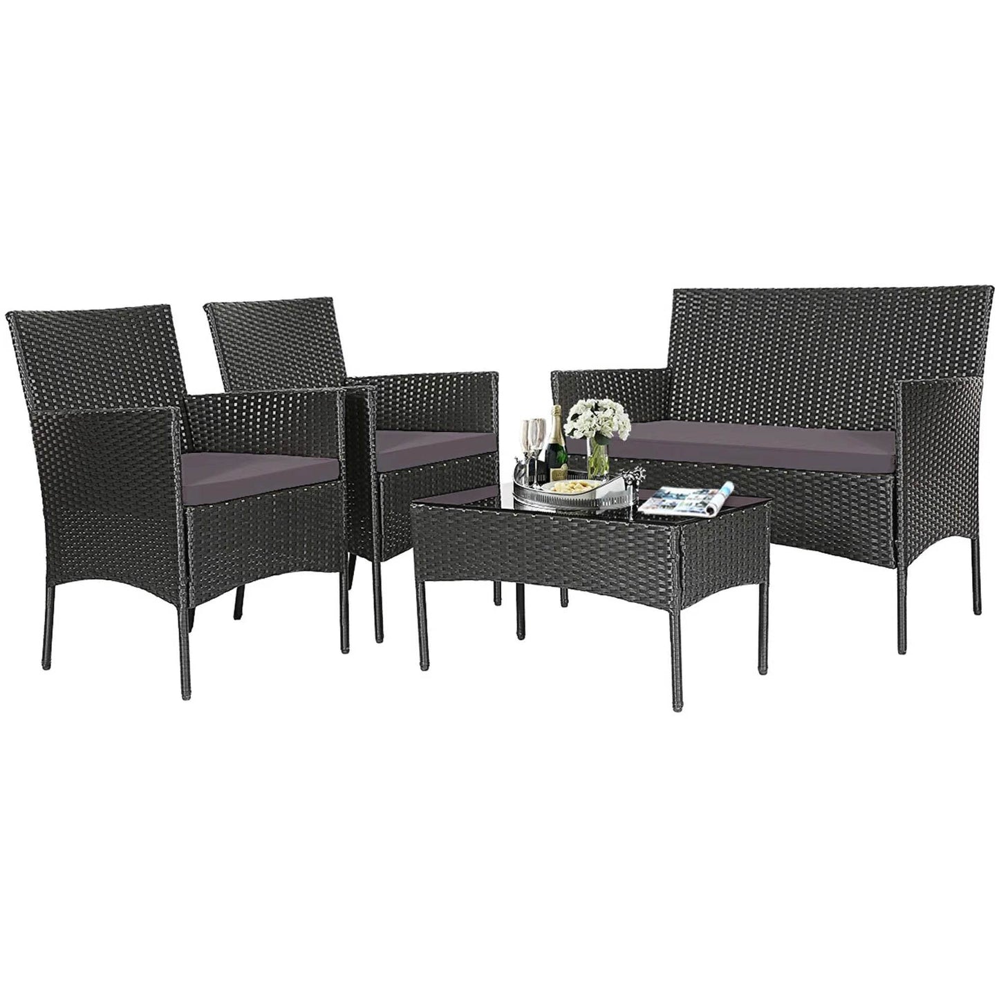 4PCS Patio Rattan Furniture Set Cushioned Sofa Coffee Table Backyard Grey - Loft&Timber