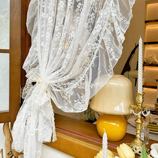 2PC White Embroidered Lace Curtain - Loft&Timber