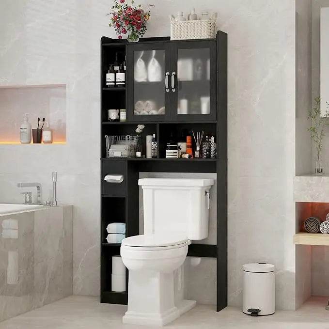 Freestanding toilet-top storage cabinet with adjustable shelves and anti-tip feature, arched design - Loft&Timber