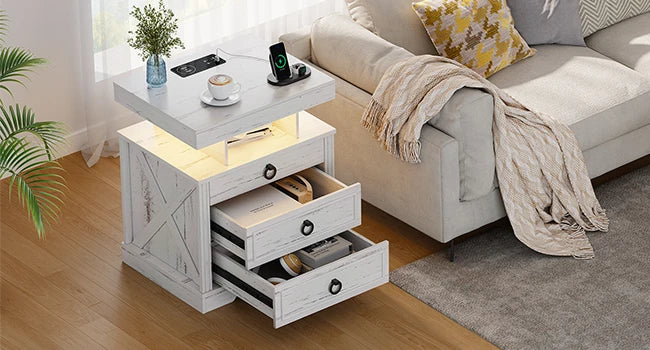 JDPAG Farmhouse Nightstand with Lockable Gun Drawer,3 Color Dimmable LED End Table with Charging Station,Bedside Table with Huma