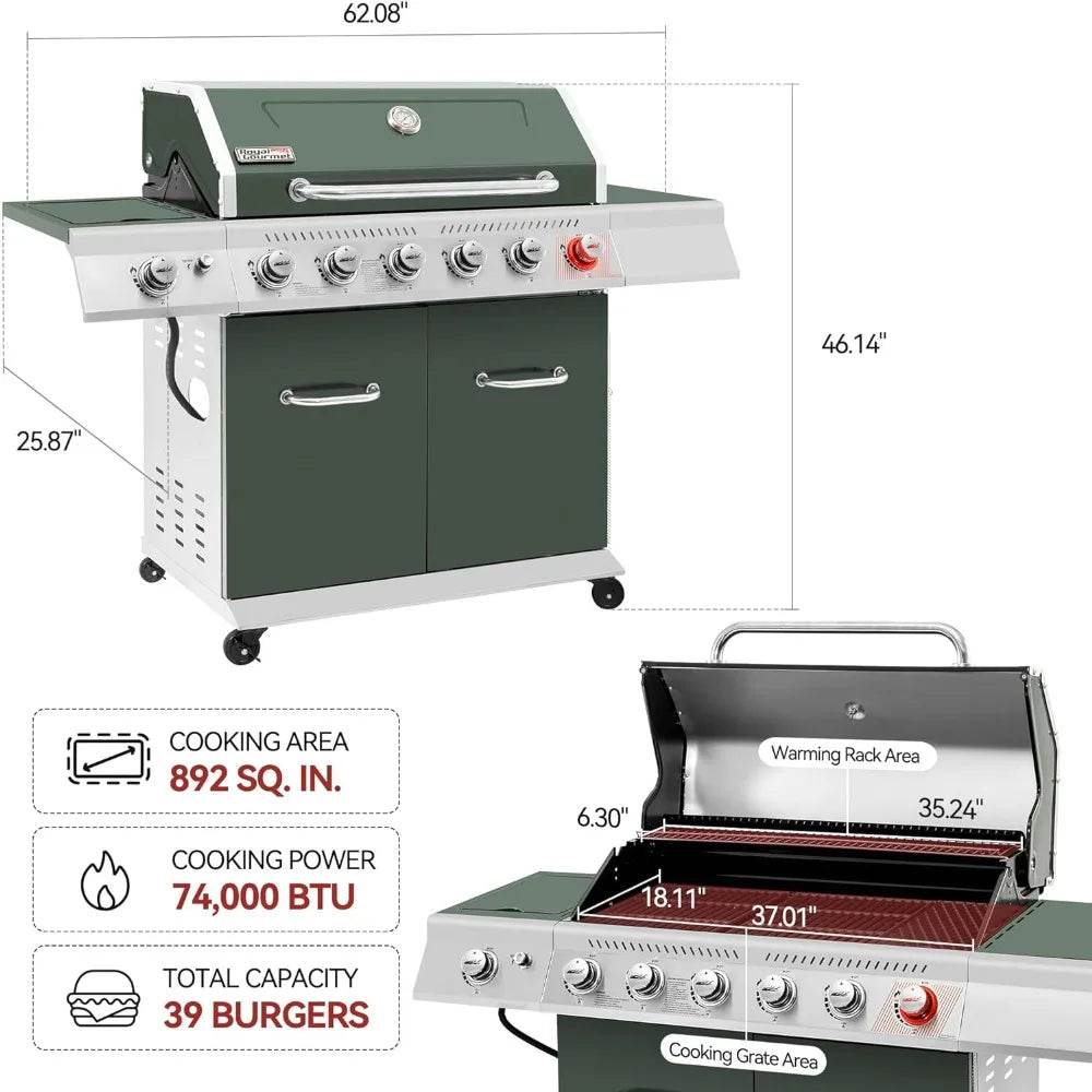 6-Burner BBQ Liquid Propane Gas Grill in Olive Green, with Sear Burner and Side Burner, 74,000 BTU, Cabinet Style Grill - Loft&Timber